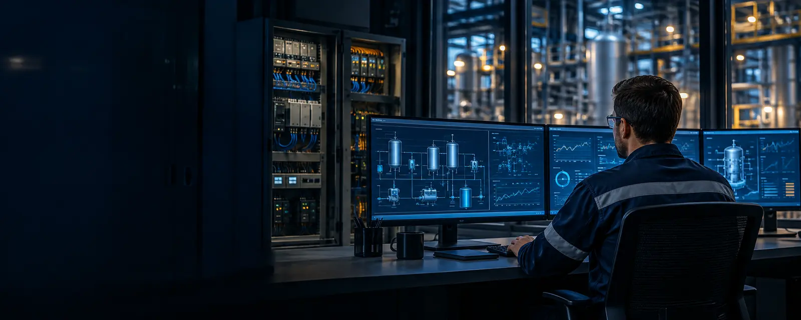 Engineer monitoring industrial control systems and SCADA dashboards