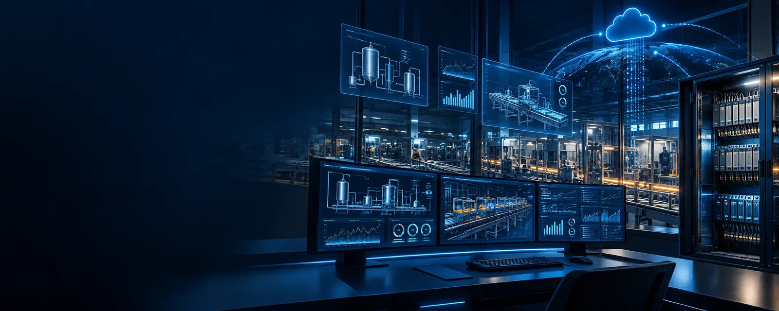 Connected industrial control room with SCADA, MES and cloud data visualization